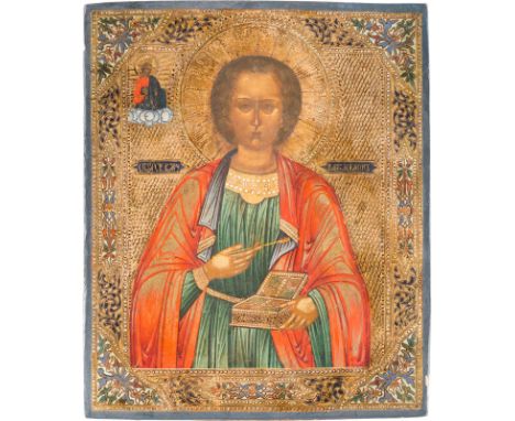 AN ICON SHOWING ST. PANTELEIMON Russian, late 19th century Tempera on wood panel. The background with etched tracery design, 