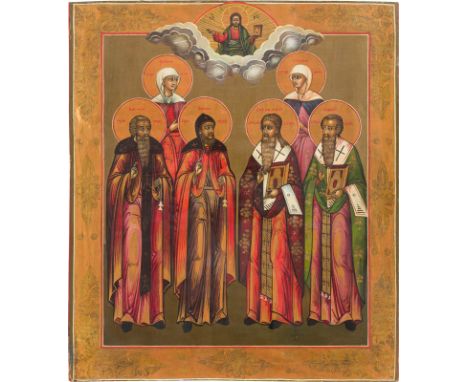 AN ICON SHOWING SIX SELECTED SAINTS Russian, 2nd half 20th century Tempera on wood panel. The border made of silver, covered 