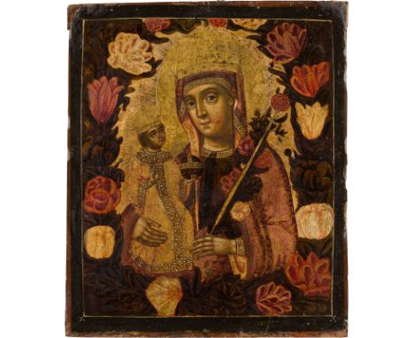 AN ICON SHOWING THE MOTHER OF GOD 'OF THE UNFADING ROSE' Russian, Moscow, circle of the Kremlin Workshop, late 17th century T