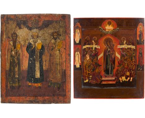 TWO ICONS SHOWING THE MOTHER OF GOD 'JOY TO ALL WHO GRIEVE' AND THREE HIERARCHS OF ORTHODOXY Russland, 19. Jh. Russian, 19th 