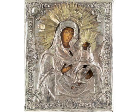 AN ICON SHOWING THE SMOLENSKAYA MOTHER OF GOD WITH OKLAD Russian, mid 19th century (icon), Russian, mid 19th century (oklad) 