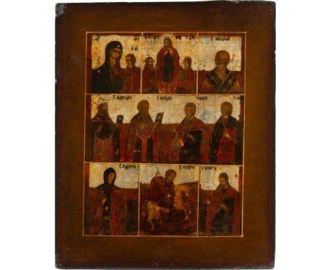 A MULTI-PARTITE ICON SHOWING THE KAZANSKAYA MOTHER OF GOD, THE HARROWING OF HELL AND SELECTED SAINTS Russian, 19th century Te