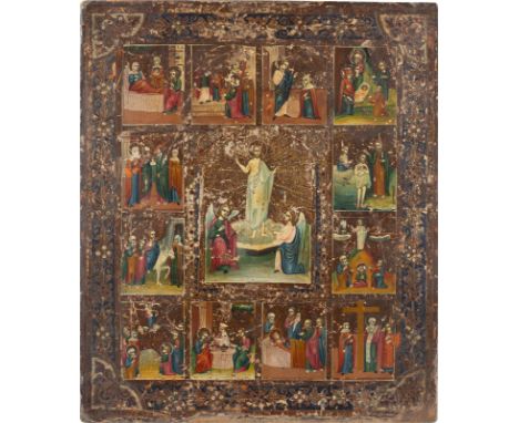 AN ICON SHOWING THE RESURRECTION OF CHRIST WITHIN A SURROUND OF TWELVE MAJOR FEASTS Russian, circa 1900 Tempera on wood panel