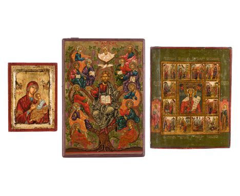 THREE ICONS SHOWING THE MOTHER OF GOD OF THE PASSION, THE TREE OF JESSE AND A VITA ICON OF ST. BARBARA 2. Hälfte 20. Jh. 2nd 
