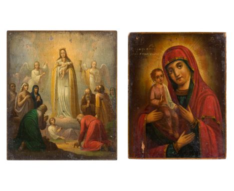 TWO ICONS SHOWING IMAGES OF THE MOTHER OF GOD: THE THREE-HANDED MOTHER OF GOD AND 'JOY TO ALL WHO GRIEVE' Russland, 19. Jh. R
