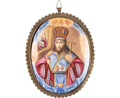 A LARGE ENAMEL ICON (FINIFT) SHOWING ST. DIMITRY OF ROSTOV Russian, Rostov, after 1757 Finely enamelled in great detail. On t