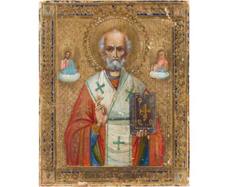 A SMALL ICON SHOWING ST. NICHOLAS THE MIRACLE-WORKER Russian, late 19th century Oil on wood panel. The background with etched