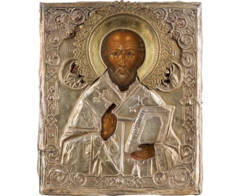AN ICON SHOWING ST. NICHOLAS OF MYRA WITH OKLAD Russian, 2nd half 19th century Tempera on wood panel. Overlaid with a chased 