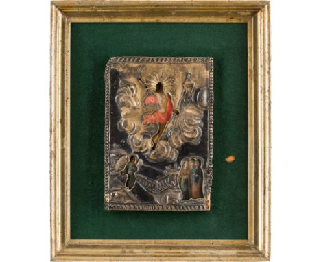 A SMALL ICON SHOWING THE RESURRECTION OF CHRIST WITH OKLAD Russian, circa 1830 Oil on wood panel. Overlaid with a chased meta