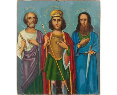 A LARGE ICON SHOWING THREE SAINTS Russian, late 19th century Oil on wood panel. Areas of restoration. 39.8 x 34.8 cm.     GRO