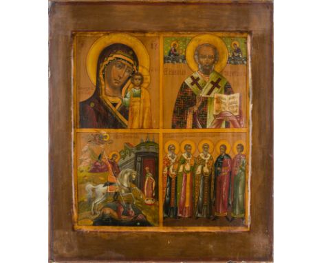A QUADRI-PARTITE ICON SHOWING THE KAZANSKAYA MOTHER OF GOD, ST. NICHOLAS OF MYRA, ST. GEORGE AND SELECTED SAINTS Russian, 19t