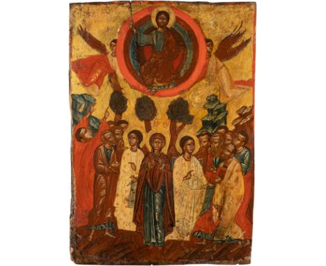 A LARGE AND FINE ICON SHOWING THE ASCENSION OF CHRIST Greek, circa 1600 Tempera on wood panel. Finely executed in bright colo