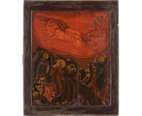A LARGE ICON SHOWING THE PROPHET ELIJAH AND HIS FIERY ASCENT TO HEAVEN Russian, 19th century Tempera on wood panel with kovch