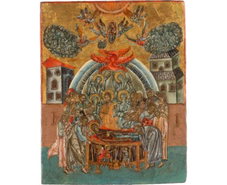 AN ICON SHOWING THE DORMITION OF THE MOTHER OF GOD Greek, circa 1600 Tempera on wood panel. Executed on a gold ground. The co