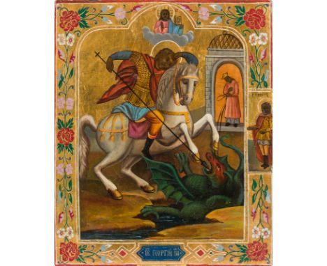 AN ICON SHOWING ST. GEORGE KILLING THE DRAGON WITH OKLAD Russian, circa 1900 Oil on wood panel. Executed on a gold ground, th