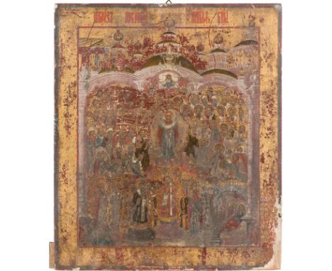 A LARGE ICON SHOWING THE POKROV Russian, Vetka, circa 1800 Tempera on wood panel. Executed on a gold ground. Wearings, losses