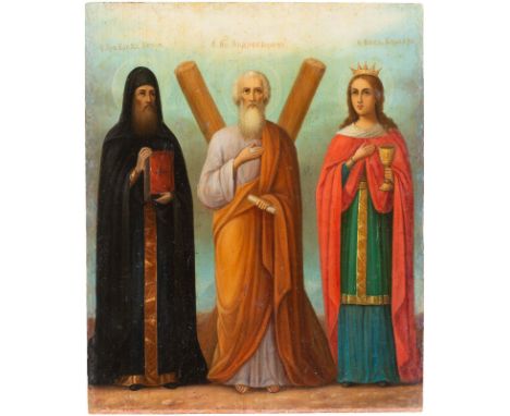 AN ICON SHOWING THREE SAINTS, ST. ANDREW AND ST. BARBARA AMONG THEM Russian, mid 19th century Oil on wood panel. The edges mi