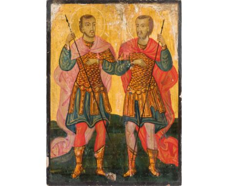 AN ICON SHOWING THE WARRIOR SAINTS GEORGE AND THEODORE Greek, 19th century Oil on wood panel. Executed on a gold ground. Part