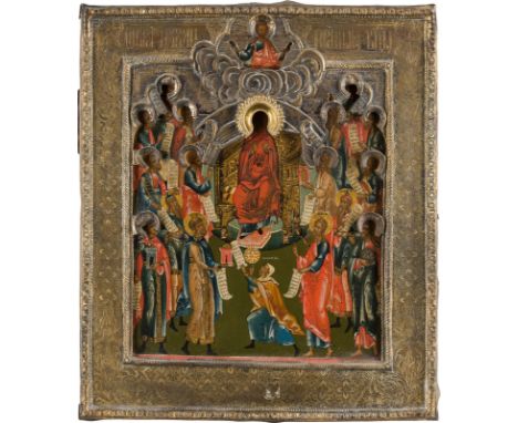 A FINE ICON SHOWING THE PRAISE OF THE MOTHER OF GOD (THE PROPHETS FORETOLD YOU) WITH BASMA Russian, early 19th century (icon)
