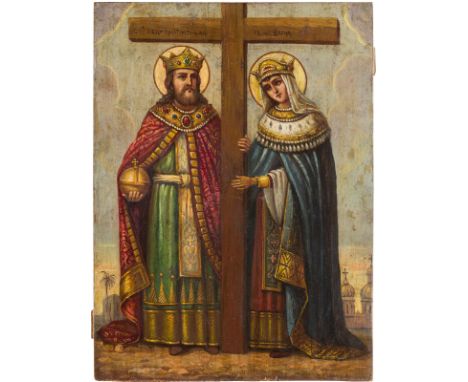 AN ICON SHOWING STS. CONSTANTINE AND HELENA Russian, late 19th century Oil on wood panel. Partially overpainted. 35.7 x 26.7 