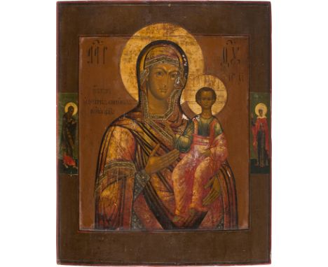 A LARGE ICON SHOWING THE SMOLENSKAYA MOTHER OF GOD Russian, circa 1800 Tempera on wood panel with kovcheg. The haloes made of