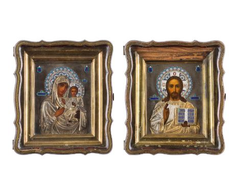 A PAIR OF WEDDING ICONS WITH SILVER AND CLOISONNÉ ENAMEL OKLAD WITHIN KYOT: THE MOTHER OF GOD OF SMOLENSK AND CHRIST PANTOKRA