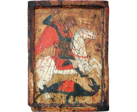 A SMALL ICON SHOWING ST. GEORGE KILLING THE DRAGON Greek, 16th century Tempera on wood panel with kovcheg. Losses to the bord
