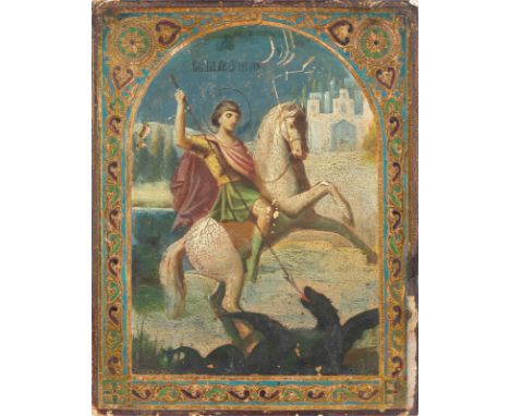 A SMALL ICON SHOWING ST. GEORGE KILLING THE DRAGON Russian, circa 1900 Oil on wood panel. The border emulating contemporary e
