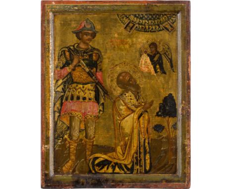 A FINE ICON SHOWING THE BEHEADING OF ST. HARALAMPOS Greek, Mount Athos, circa 1700 Tempera on wood panel with kovcheg. Finely