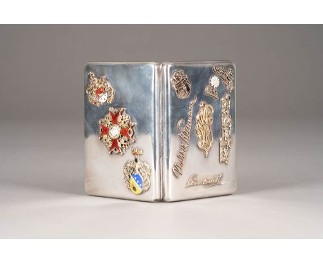 A MASSIV SILVER CIGARETTE CASE SET WITH THE GOLD AND ENAMEL ORDER OF ST. STANISLAS AND THE COAT OF ARMS OF THE WEITZMANN FAMI