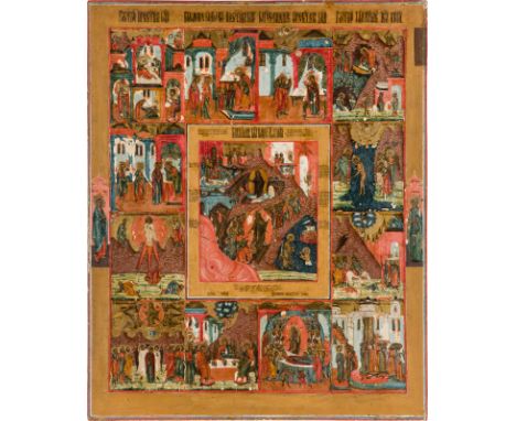 A MONUMENTAL ICON SHOWING THE RESURRECTION OF CHRIST AND THE DESCENT INTO HELL WITHIN A SURROUND OF TWELVE MAJOR FEASTS North