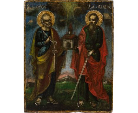A SMALL ICON SHOWING THE APOSTLES PETER AND PAUl Balkan, 19th century Oil on wood panel. The haloes made of gold. Minor areas