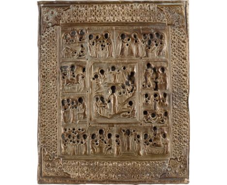A FEAST DAY ICON WITH OKLAD Russian, 2nd half 19th century Tempera on wood panel. Overlaid with a metal oklad. Losses. 31.3 x