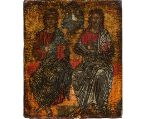 A SMALL ICON SHOWING THE NEW TESTAMENT TRINITY Greek, 17th century Tempera on wood panel. Executed on a gold ground. 20.8 x 1
