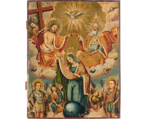 A LARGE ICON SHOWING THE CORONATION OF THE MOTHER OF GOD AND THE WARIOR SAINTS DEMETRIUS AND GEORGE Romanian, 19th century Oi