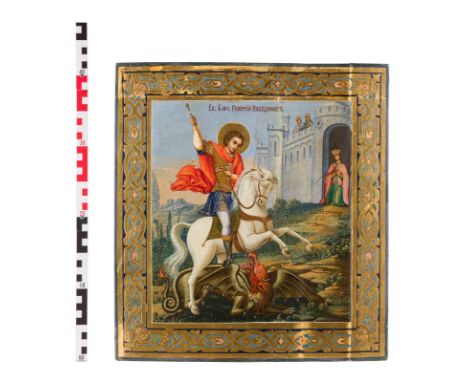 A LARGE ICON SHOWING ST. GEORGE KILLING THE DRAGON Russian, late 19th century Oil on wood panel. The halo and border made of 