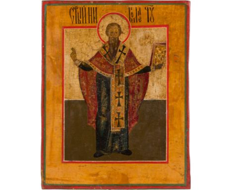 A SMALL ICON SHOWING ST. NICHOLAS OF MOZHAYSK Russian, 18th century Tempera on wood panel. The background stripped to gesso, 