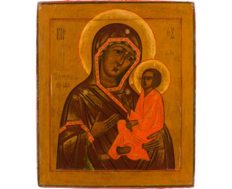AN ICON SHOWING THE TIKHVINSKAYA MOTHER OF GOD Russian, 18th century Tempera on wood panel with kovcheg. The garments with go