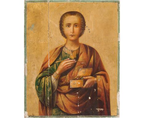 AN ICON SHOWING ST. PANTELEIMON Mount Athos, Monastery of St. Panteleimon, circa 1900 Oil on wood panel. The young saint is s