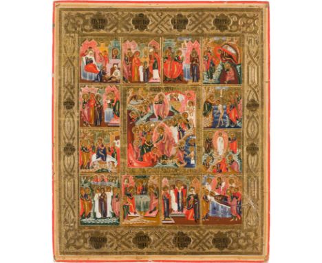 A FEAST DAY ICON Russian, circa 1875 Tempera on wood panel. The gilt border with etched tracery design. 31.2 x 26 cm.     FES