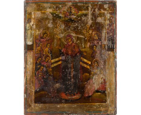 AN ICON SHOWING THE MOTHER OF GOD 'JOY TO ALL WHO GRIEVE' Russian, 19th century Oil on wood panel. The background made of sil