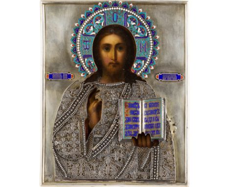 A SMALL ICON SHOWING CHRIST PANTOKRATOR WITH A FILIGREE AND CLOISONNÉ ENAMEL OKLAD Russian, late 19th century (icon), Russian