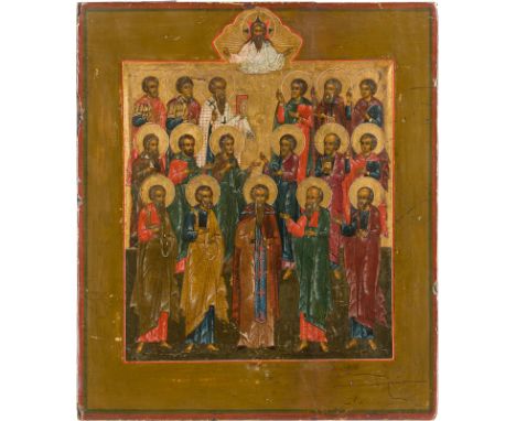 AN ICON SHOWING 17 SELECTED SAINTS Russian, 19th century Tempera on wood panel with kovcheg. The haloes and the background gi