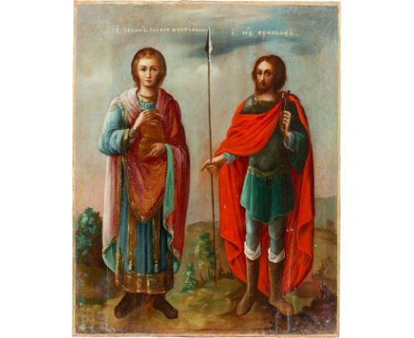 A SMALL ICON SHOWING ST. PANTELEIMON AND CHRYSANTHUS South Russian, mid 19th century Oil on wood panel. The borders minimally