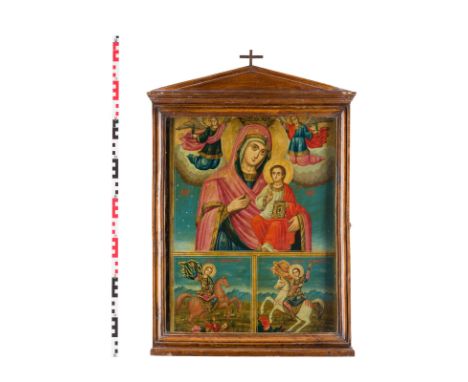 A VERY LARGE TRI-PARTITE ICON SHOWING THE HODIGITRIA MOTHER OF GOD AND STS. DEMETRIUS AND GEORGE Greek, 19th century Oil on w