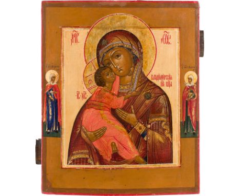 AN ICON SHOWING THE VLADIMIRSKAYA MOTHER OF GOD Russian, 19th century Tempera on wood panel with kovcheg. The haloes made of 