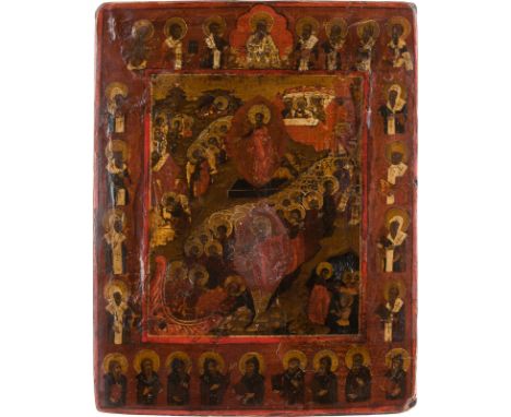 A SMALL ICON SHOWING THE RESURRECTION OF CHRIST AND THE DESCENT INTO HELL Russian, 18th century Tempera on wood panel with ko