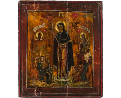 AN ICON SHOWING THE MOTHER OF GOD 'JOY TO ALL WHO GRIEVE' Russian, 19th century Tempera on wood panel. Vertical crack restore