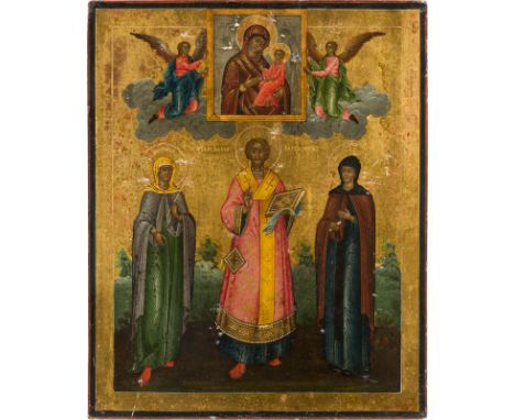 AN ICON SHOWING THE TIKHVINSKAYA MOTHER OF GOD AND ST. JOHN CHRYSOSTOM FLANKED BY STS. MATRONA AND FEODOSIA WITH OKLAD Russia