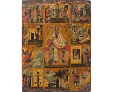 A FINE VITA ICON SHOWING ST. HARALAMPOS Greek, late 16th century Tempera on wood panel. Finely executed in great detail on a 